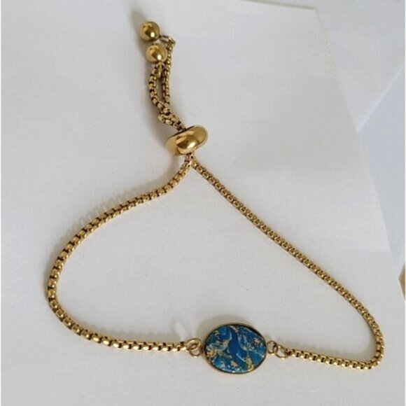 Handcrafted Boho Gold Blue Agate Gemstone Oval Dainty Adjustable Bracelet - Picture 3 of 8